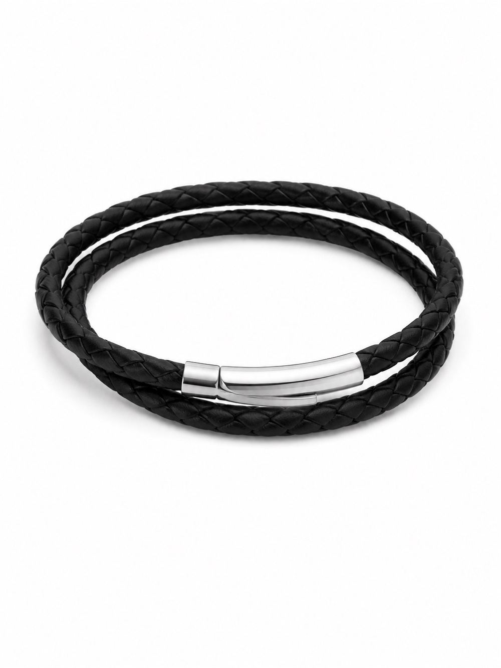 Steeltime Black Braided Leather Double Wrap Bracelet with Stainless Clasp NEW